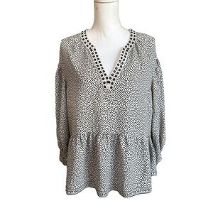 MAX STUDIO Blouse Polka Dot Eyelet V-Neck Balloon Sleeve Black White Size M